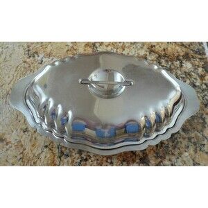 70s Queen Anne Style Stainless Steel Covered Vegetable Dish Inox Medina Columbia
